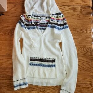Hooded V-Neck Sweater with Multicolor Fair Isle Yoke - White